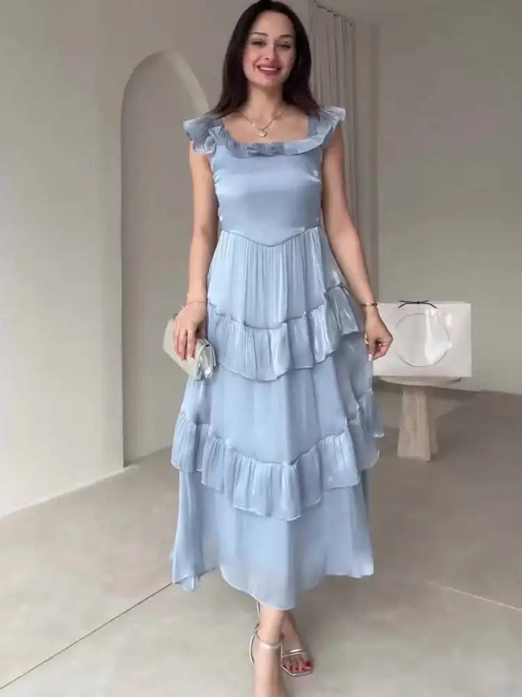 Sweet Square Neck Sleeveless Ruffle Edge Layered Spliced Waist Cinching Dresses