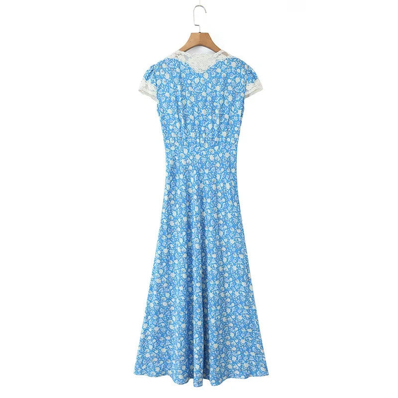Lace Trim Blue Floral Print Elegant Summer Long Dresses