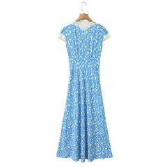 Lace Trim Blue Floral Print Elegant Summer Long Dresses