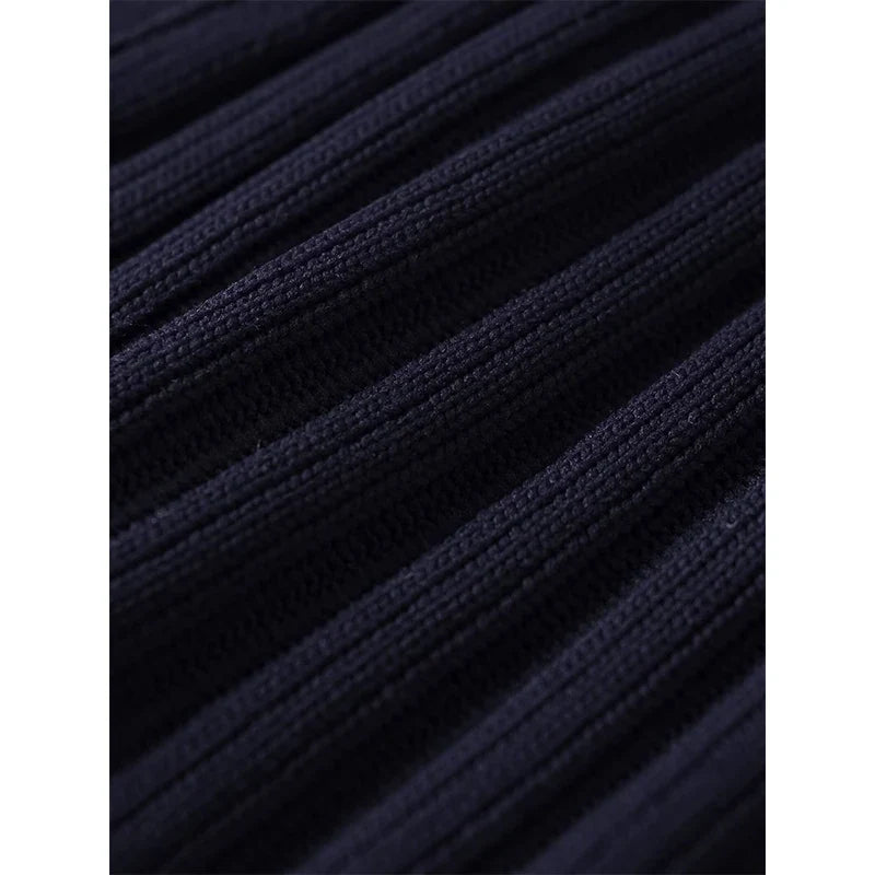 Spring Front Button Bud Navy Blue Knit Mini Dresses Long Sleeve V Neck Chic Outfits