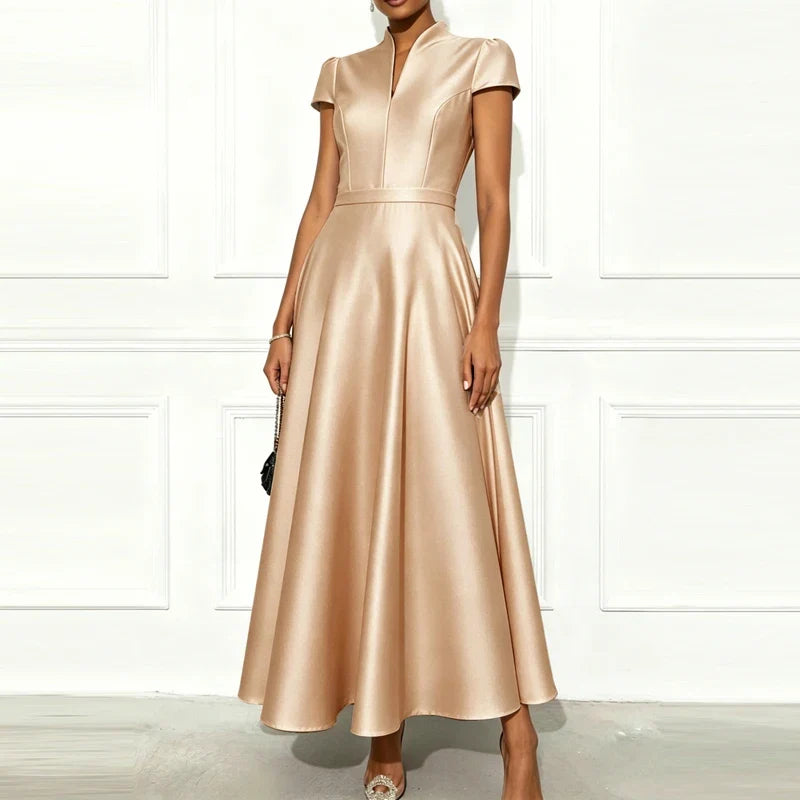 Ladies Elegant Temperament Party Long Dresses Simple Solid Color V Neck Short Sleeved Dresses