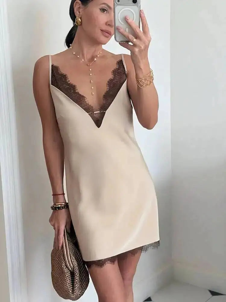 Casual V-neck Sleeveless Lace Patchwork Camisole Dresses
