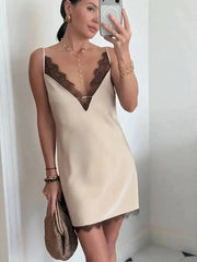 Casual V-neck Sleeveless Lace Patchwork Camisole Dresses