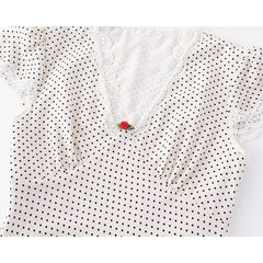 French Lace Trim V Neck Polka Dot Dresses Short Sleeve A-line Midi Elegant Summer Dresses