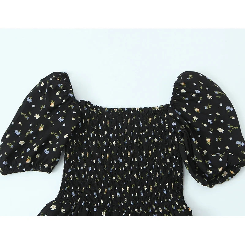 Black Floral Print Square Neck Puff Sleeve A-line Midi Dresses Sexy Slit Casual Summer Vacation Vestidos