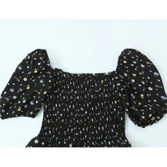 Black Floral Print Square Neck Puff Sleeve A-line Midi Dresses Sexy Slit Casual Summer Vacation Vestidos