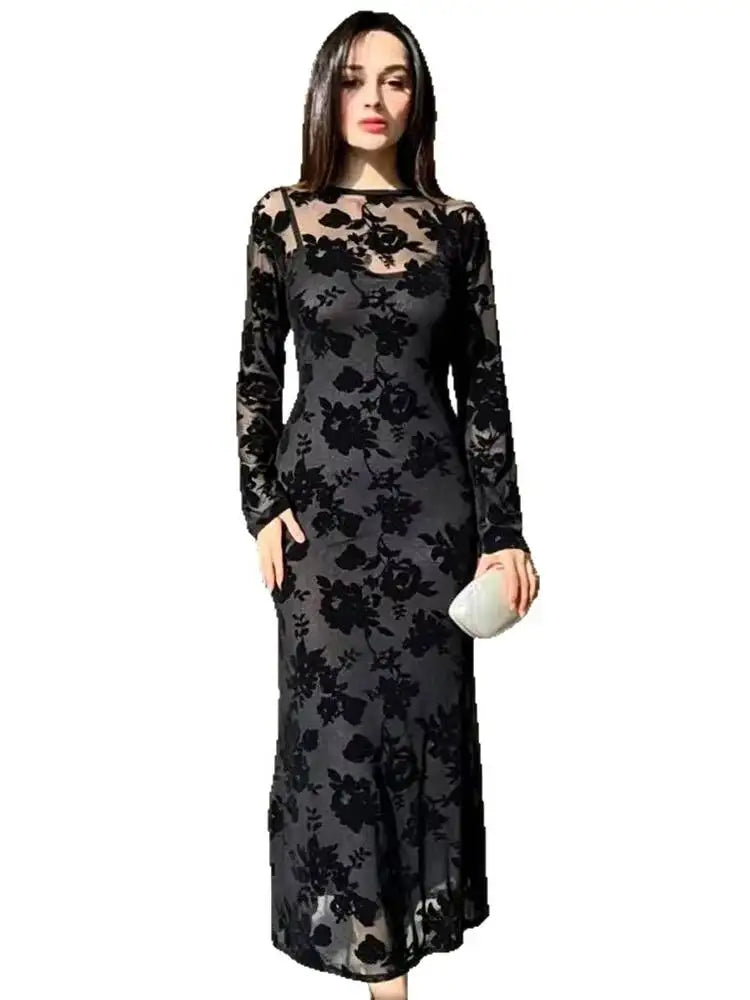 Printed Round Neck Long Sleeved Dresses