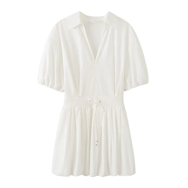 Elegant V-neck Puff Sleeve White Shirt Dresses