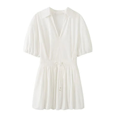 Elegant V-neck Puff Sleeve White Shirt Dresses