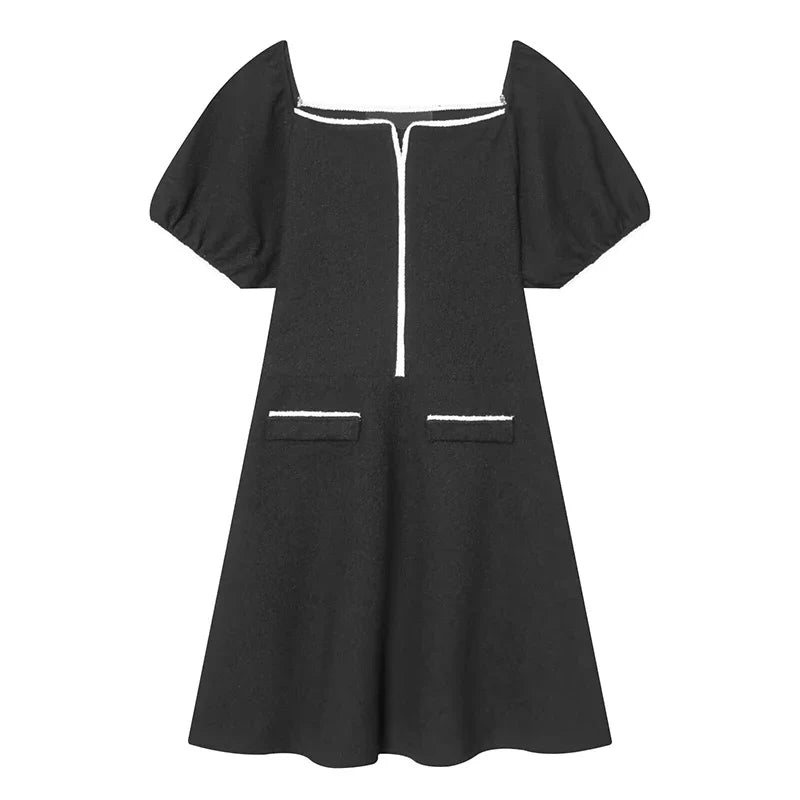Vintage Puff Sleeve A-line Short Black Dresses Female Vestidos