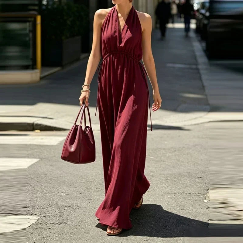 V-neck Drawstring Loose Maxi Dresses