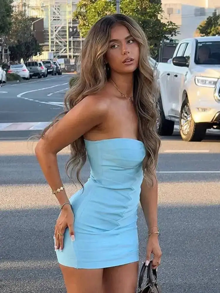 Fashionable Strapless Pleated Waist Slimming Dresses
