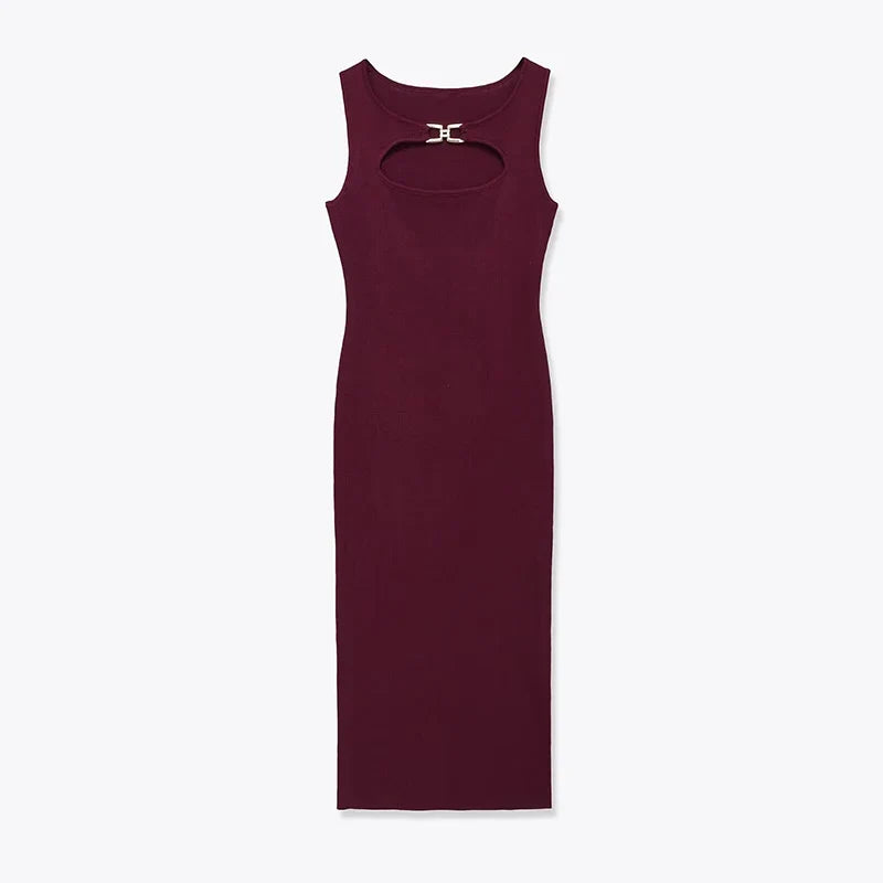 Front Cut Out Knit Wine Red Dresses