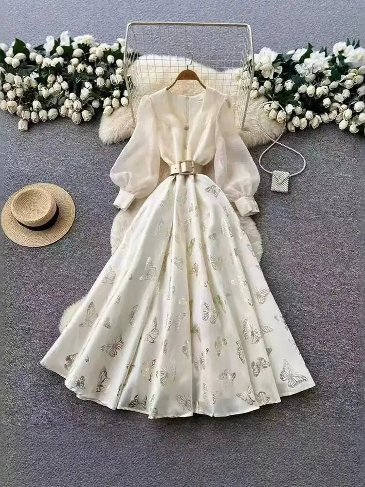Autumn Style Printed Long Sleeve Waist Splicing Dresses