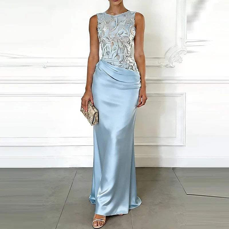 Elegant O-neck Sleeveless Lace Satin Spliced Dresses