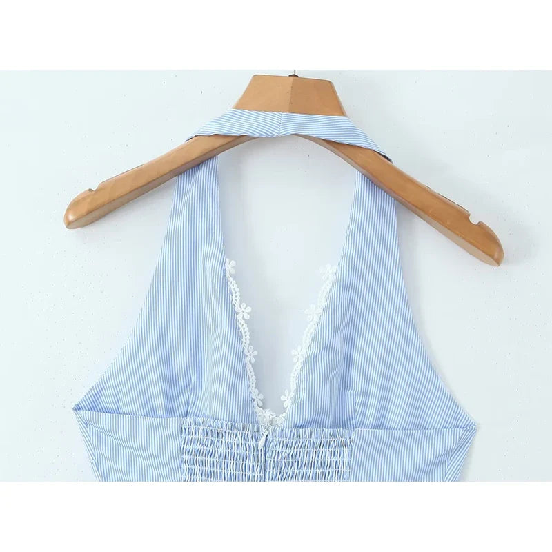 White Lace Trim Pink Blue Striped Halter Mini Dresses
