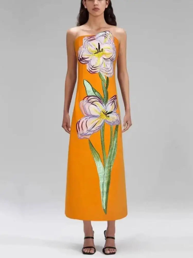Summer Chest Wrapping Slim High Waist Pullover Long Dress,printed Flower spliced patchwork Straight Dresses