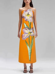 Summer Chest Wrapping Slim High Waist Pullover Long Dress,printed Flower spliced patchwork Straight Dresses