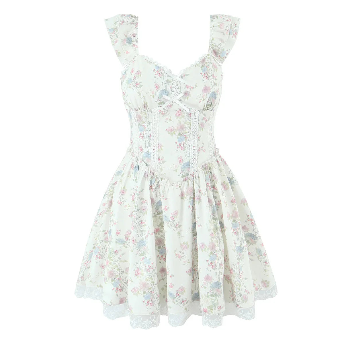 Sweet Girl Lace Spliced Floral Print Mini Dresses