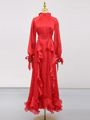 Summer Turtleneck Lantern Full Sleeves Ruffles High Waist Slim Pullover A-line Bottom Dresses