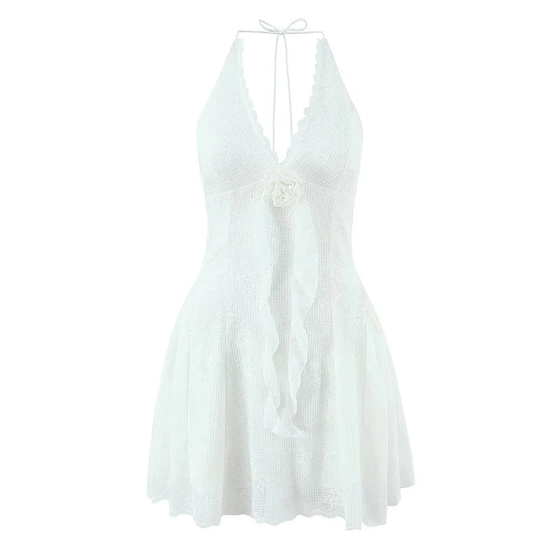 French Sweet Romantic Pink White Lace Embroidery Flower Slim Halter Mini Dresses
