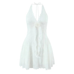 French Sweet Romantic Pink White Lace Embroidery Flower Slim Halter Mini Dresses