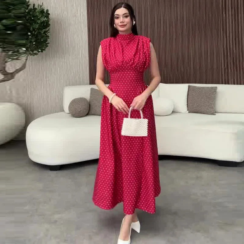 Office Lady Wave Point Stand Up Collar Bandage Sleeveless Waist Cinched Dresses