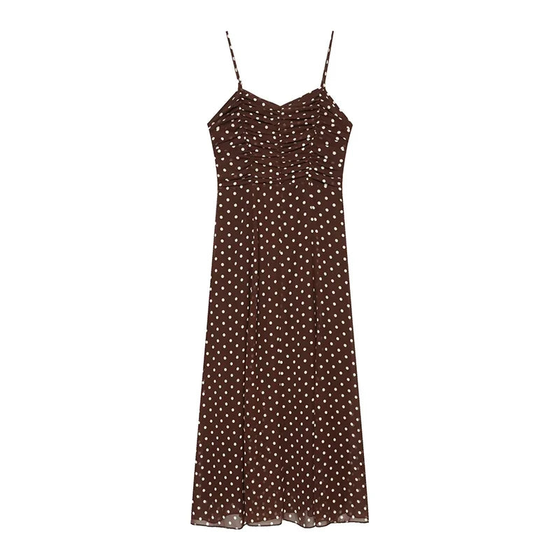 Summer Brown Polka Dot Spaghetti Strap Ruched Front Chiffon Midi Dresses