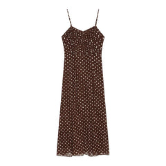 Summer Brown Polka Dot Spaghetti Strap Ruched Front Chiffon Midi Dresses