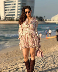Autumn Boho Floral Print Ruffle Mini Dresses Long Sleeve V Neck Casual Holiday Lady Dresses