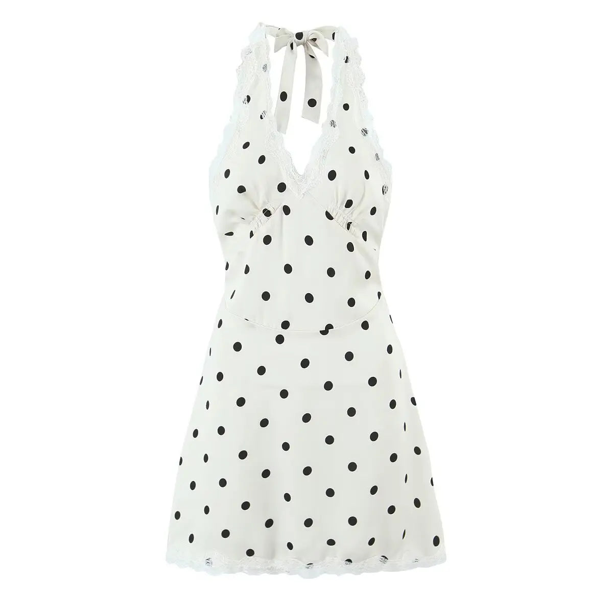 Lace Spliced Polka Dot Halter Dresses