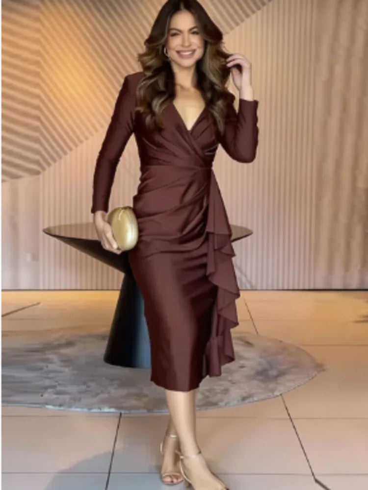 Fashionable V-neck Long Sleeved Ruffled Waist Cinched Dresses