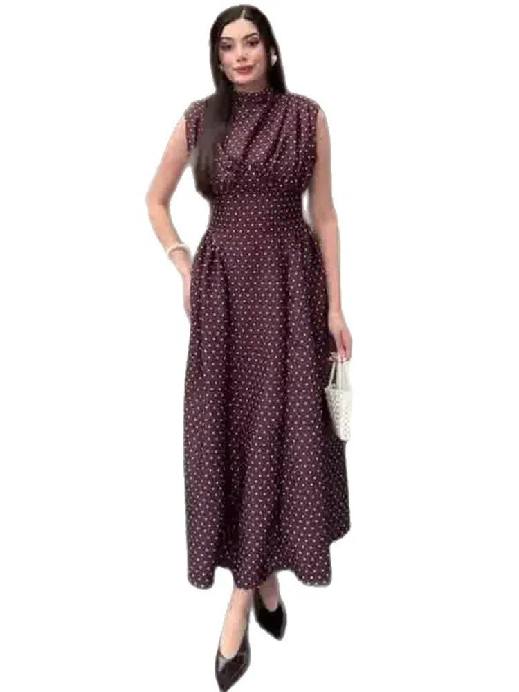 Office Lady Wave Point Stand Up Collar Bandage Sleeveless Waist Cinched Dresses