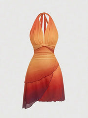 Gradient Bow Tie Strap Asymmetrical Backless Spaghetti Strap Dress