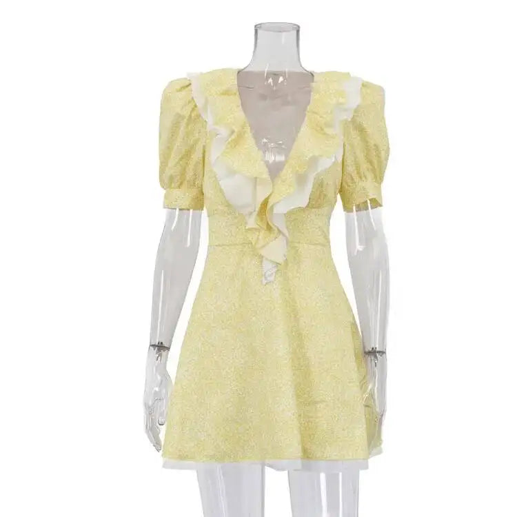Sweet Printed Ruffled V-neck Bubble Sleeve Waist Cinched Mini A-line Dresses