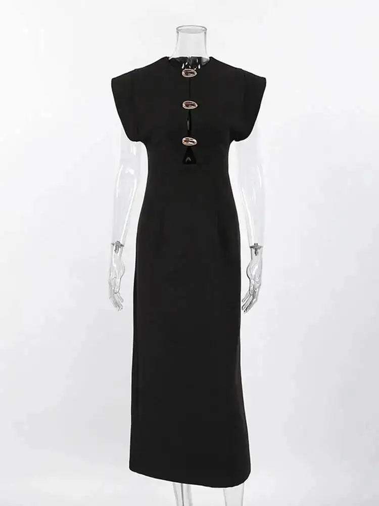Fashionable Round Neck Sleeveless Waist Cinched Slim Fit Mid Length Dresses