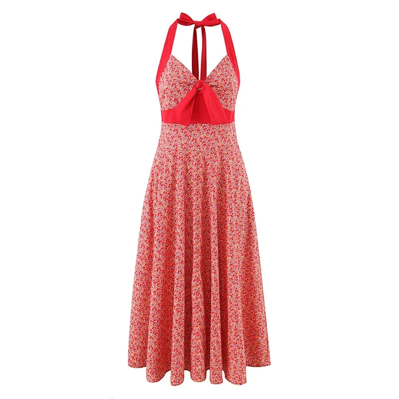 French Style Halter Sexy Backless Dresses Bow V Neck A-line Midi Vacation Summer Dresses