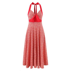 French Style Halter Sexy Backless Dresses Bow V Neck A-line Midi Vacation Summer Dresses