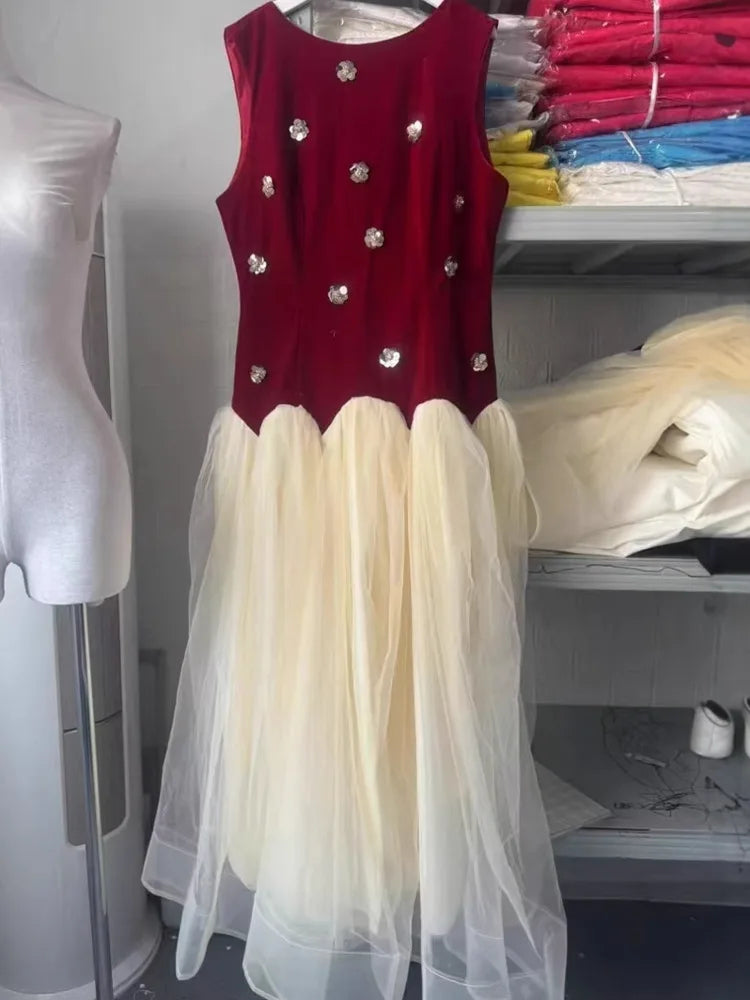 Summer Round Neck Sleeveless Slim High Waist Pullover Mesh Spliced Dresses