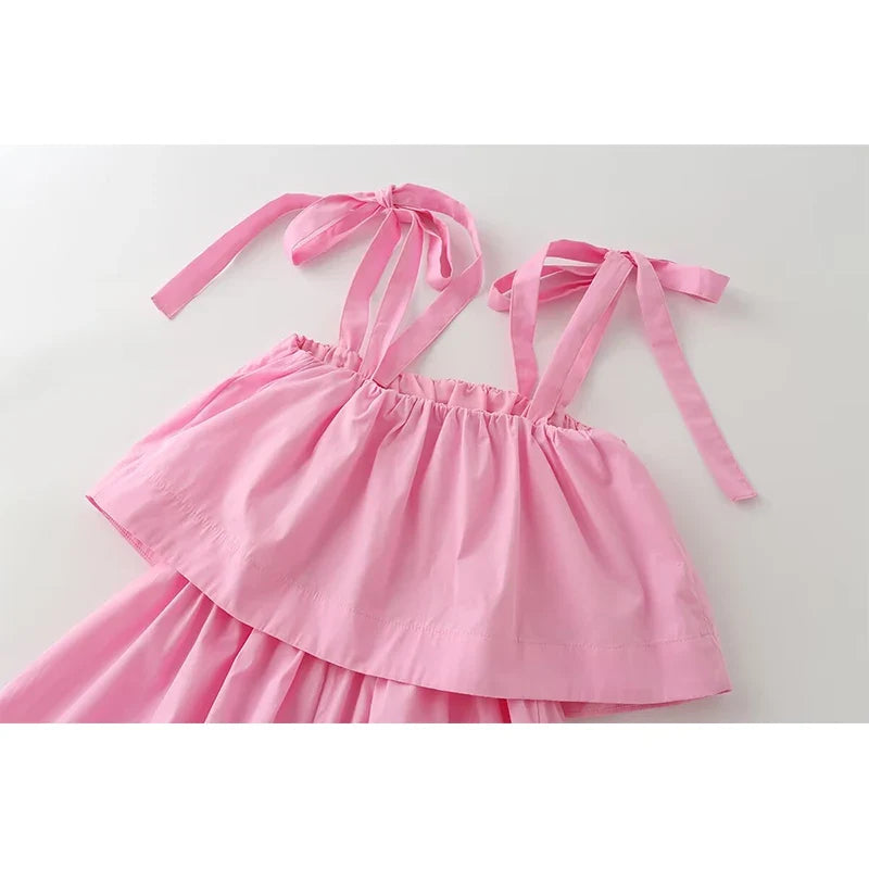 Pink Bow Tie Strap Tiered Midi Dresses