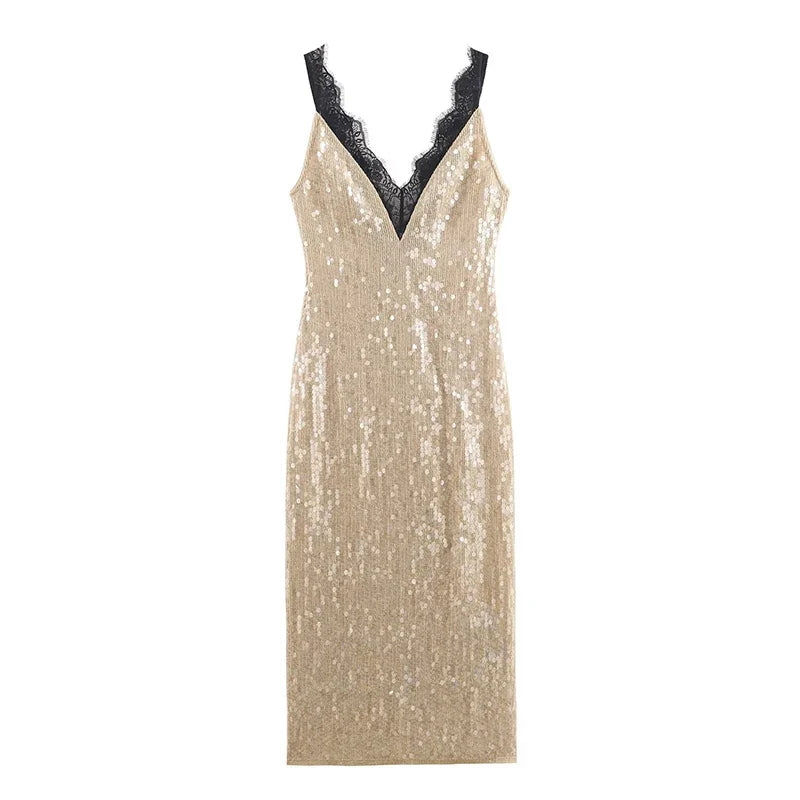 Romantic Lace Trim Sequin Dresses For Backless V Neck Sleeveless Party Sexy Dresses