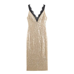 Romantic Lace Trim Sequin Dresses For Backless V Neck Sleeveless Party Sexy Dresses