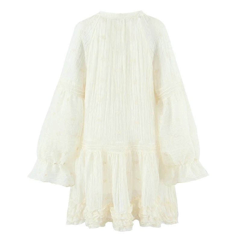 Spring Summer Floral Embroidery Loose Short Dresses Long Sleeve Casual Holiday Dresses
