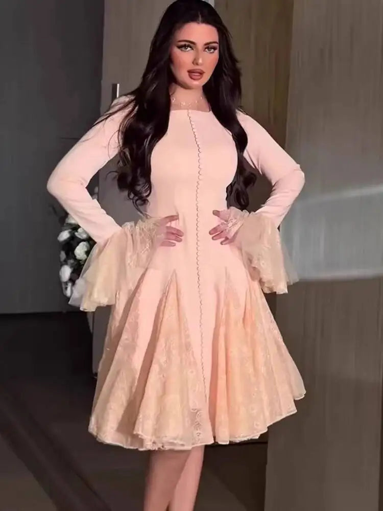 Round Neck Flare Sleeve High Waist Slim Elegant Midi Dresses