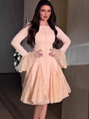 Round Neck Flare Sleeve High Waist Slim Elegant Midi Dresses