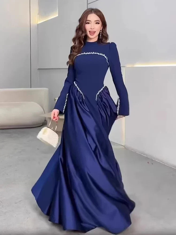 Autumn Design Patchwork Long Sleeve With Tassels And Ruffles Dresses Ladies Elegant Evening Gown 19DA1484