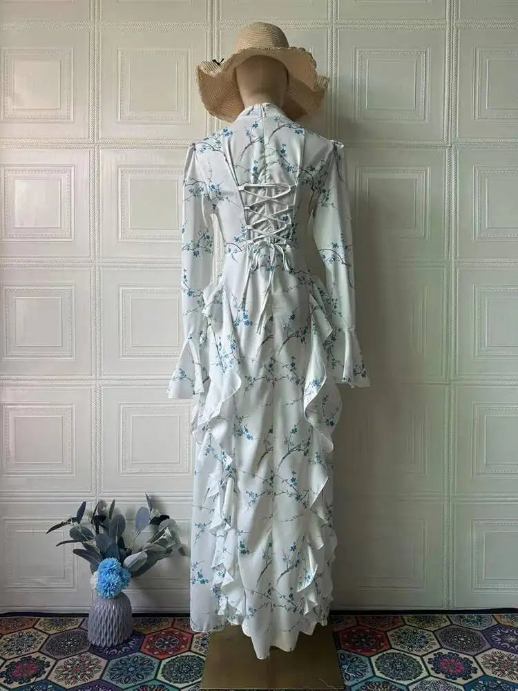 Temperament Print High Neck Flared Sleeve Waist Slimming Dresses