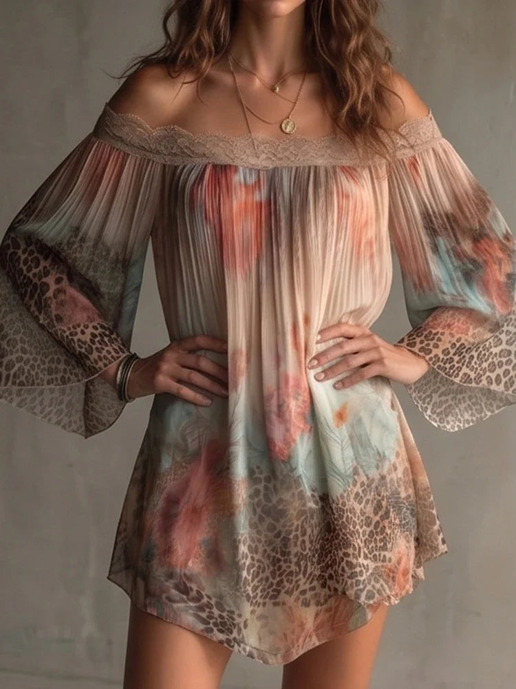 Casual Off Shoulder Long Sleeved Dresses Lace Patchwork Chiffon Mini Dresses