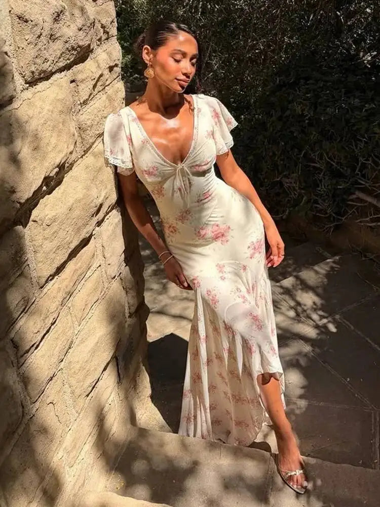 Retro Elegant Printed V-neck Short Sleeved Waist Long Dresses
