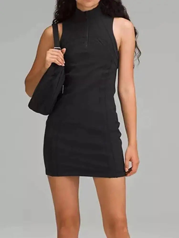 Casual High Neck Half Zipper Sleeveless Yoga Dresses